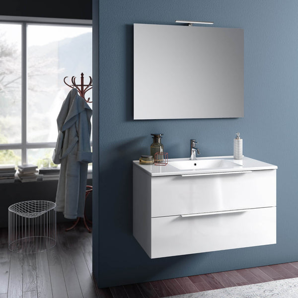 Mobile da Bagno Sospeso con Lavabo Specchio e Lampada a LED TFT Luna Bianco Lucido sconto
