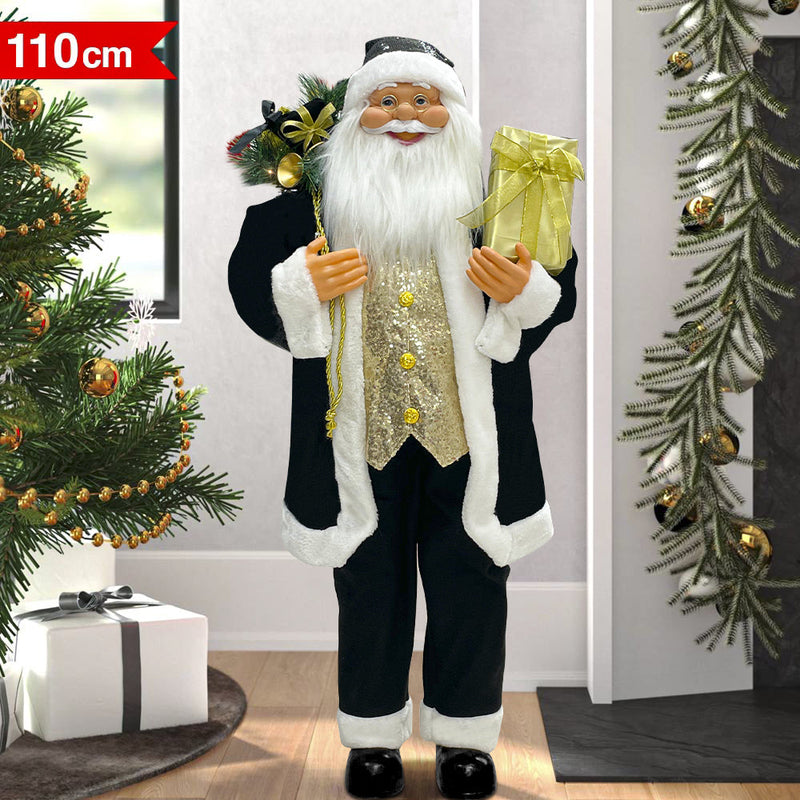 Babbo Natale Abito in Velluto H110 cm con Mini Lucciole e Suoni Nero e Oro