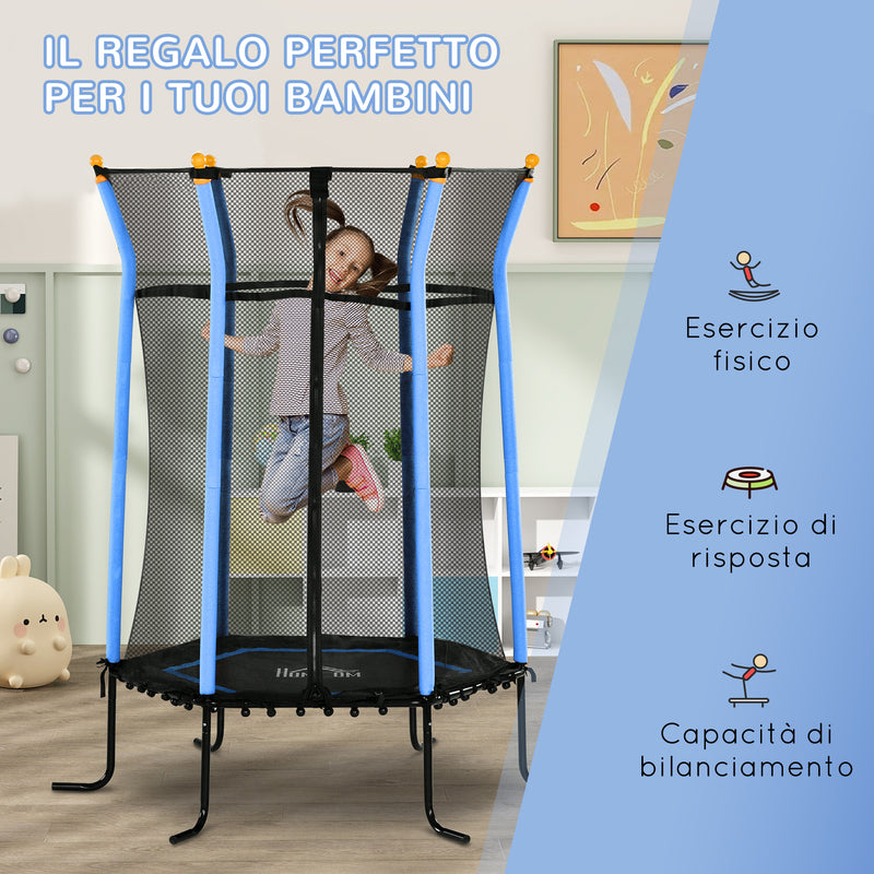 Trampolino Tappeto Elastico per Bambini con Ingresso a Cerniera e Pali Imbottiti Ø163.5x190 cm in Acciaio, PP e EPE Azzurro 