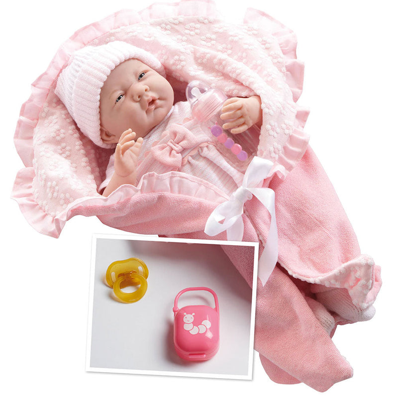 Bambola Bebè Neonato con Copertina Rosa e Accessori 39cm JC Toys