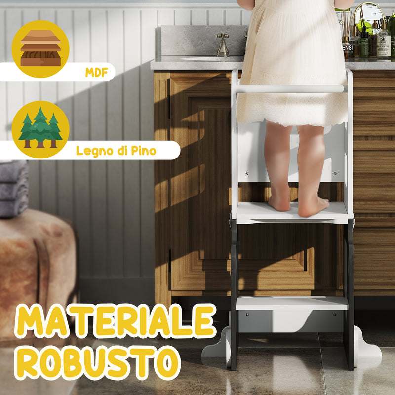 Scala Montessori 4 in 1 con Lavagna e Set Tavolo Sedie Legno Bianco 58x46x92cm      