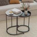 Set 2 Tavolini da Salotto Impilabili in Stile Industriale Ø42x54 cm e Ø36,5x48,5 cm in Legno e Metallo Grigio e Nero      