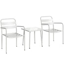 Set 3 Pezzi Bistrò Tavolino 50x50x50 cm in Vetro e 2 Sedie a Doghe in Acciaio Bianco      