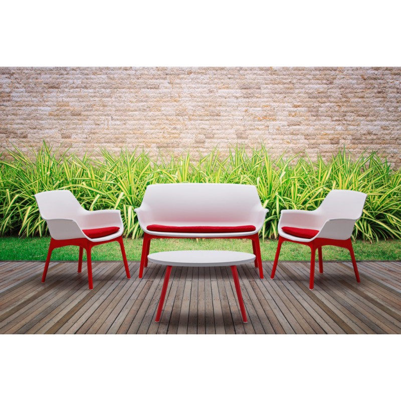 Set da Giardino Divano Poltrone e Tavolino in Polipropilene Vandi Bianco e Rosso