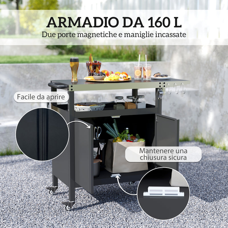 Carrello per Barbecue 116x50x93 cm con Armadietto Piano in Acciaio Inox Nero  