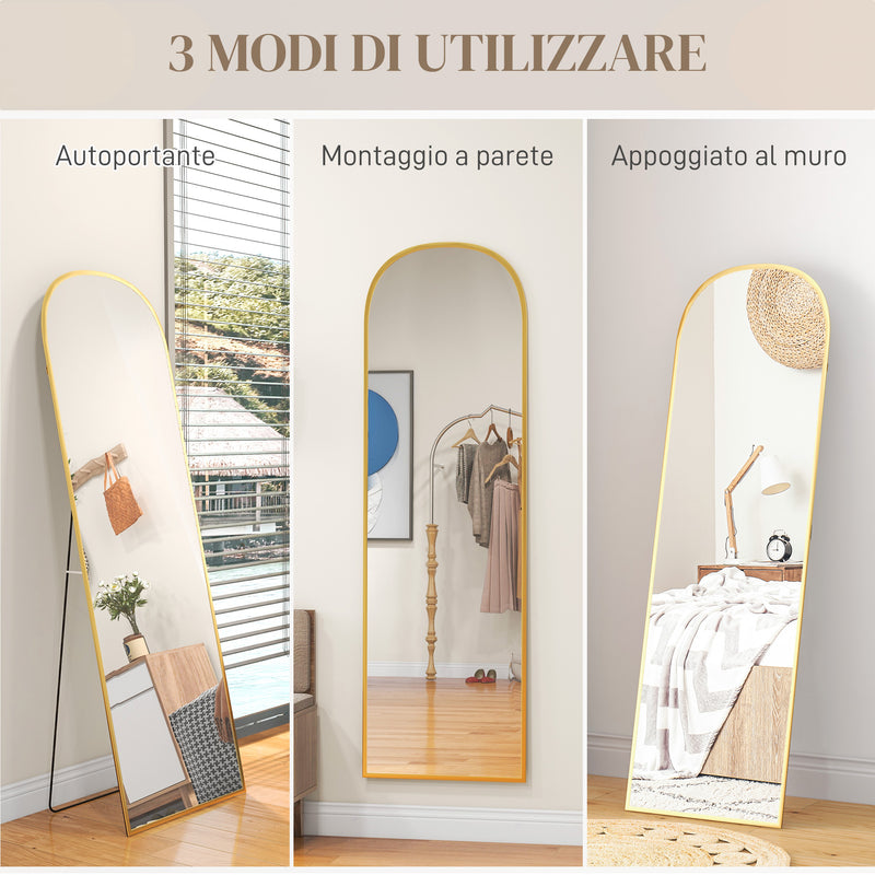 Specchio a Figura Intera da Terra o Parete 50x170cm con Supporto Pieghevole in Lega di Alluminio Oro  
