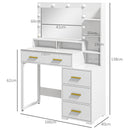Tavolo da Trucco in Legno 100x40x138 cm con 4 Cassetti 6 Ripiani Aperti e Specchio Bianco
