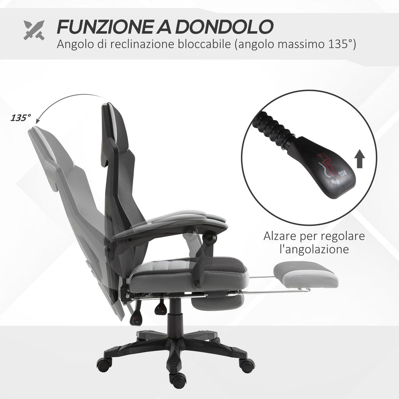 Sedia da Gaming Ergonomica con Schienale Reclinabile e Poggiapiedi Retrattile in Tessuto Grigio   