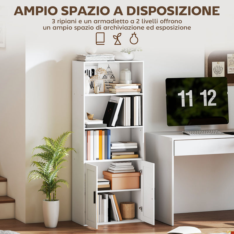 Libreria con Ripiani Aperti e Armadietto 2 Ante 60x30x145.5 cm in MDF Bianco      