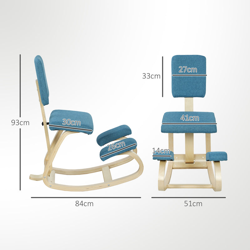 Sedia Ergonomica Inginocchiatoio con Schienale 51x84x93 cm in Legno di Betulla e Cuscini Blu  