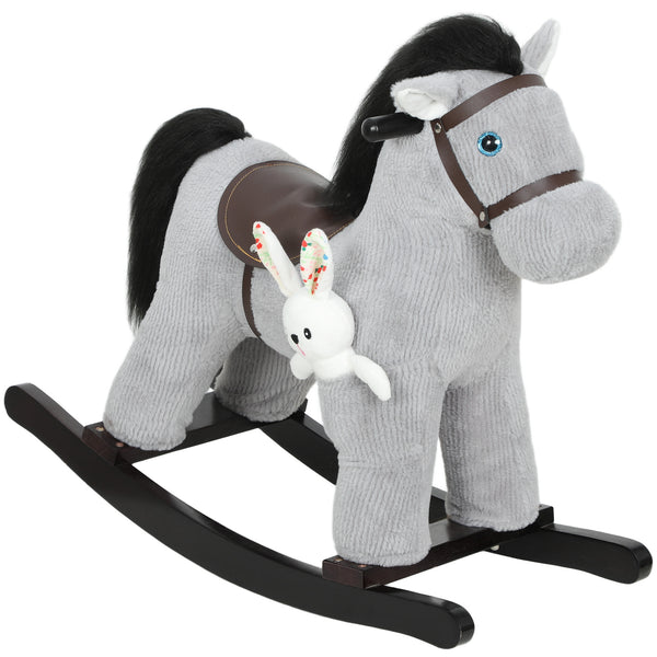 Cavallo a Dondolo con Suoni per Bambini da 2-5 Anni Coniglietto Incluso in Legno e Peluche Grigio prezzo