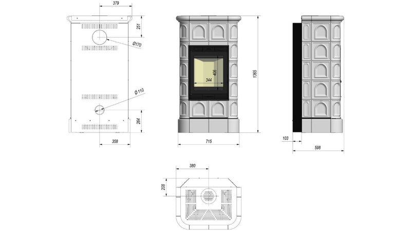 Stufa a Legna 136.5x71.5x59.8cm Flig Raleigh Crema con Piastrelle Crema