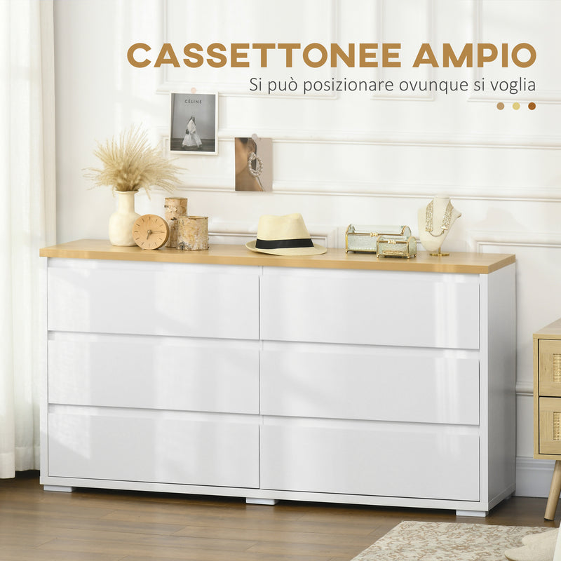 Cassettiera 6 Cassetti 140x37x75 cm in Truciolato Bianco e Color Legno
