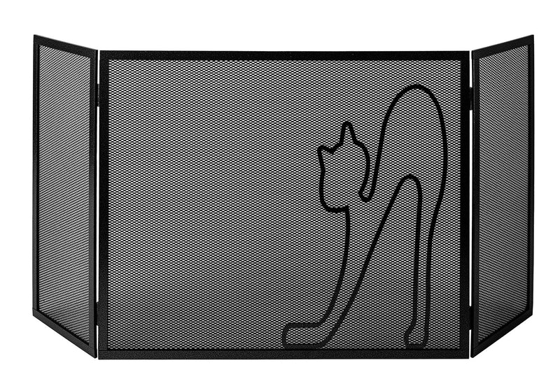 Parascintille per Camino a 3 Ante Design Gatto 20+60+20x50 cm in Ferro Verniciato Grigio Martellato