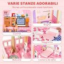 Casa delle Bambole per Bambini 3-6 Anni 64x40x69 cm a 2 Piani con 11 Mobili e 2 Bambole in MDF e Legno di Pino Rosa      