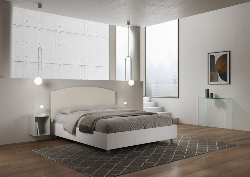 Letto Matrimoniale con Rete e Contenitore Alzata Comoda Struttura Bianco Frassico e Testata in Similpelle Antilia Tortora Varie Misure