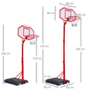 Canestro Basket Autoportante 210-260 cm Altezza Regolabile  e Ruote in Acciaio Rosso