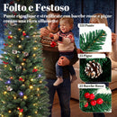 Albero di Natale Slim Ø55x180 cm con 170 Luci LED Bicolore 351 Rami Pigne Bacche Rosse e Telecomando in PVC Verde      