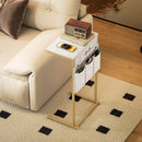 Tavolino da Salotto a Forma di C Piano Effetto Marmo con Prese di Corrente e USB in MDF Bianco  