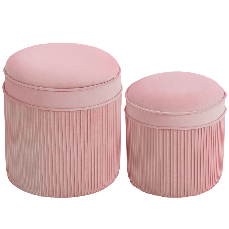 Set 2 Pouf Poggiapiedi Rotondi Impilabili Contenitore da 34.8L Imbottiti con Rivestimento in Velluto Rosa      