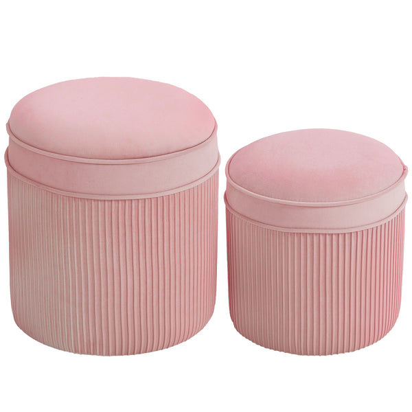 prezzo Set 2 Pouf Poggiapiedi Rotondi Impilabili Contenitore da 34.8L Imbottiti con Rivestimento in Velluto Rosa