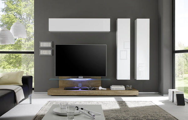 Parete Attrezzata Mobili Salotto 3 Mobili Sospesi 1 Mobile TV Mensola 185x225x51cm TFT  Cube Bianco Lucido e Miele acquista
