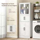 Mobile Bagno Alto Slim 60x30x170 cm a 6 Ripiani con Ante in Vetro e Ripiani Regolabili in MDF Bianco      