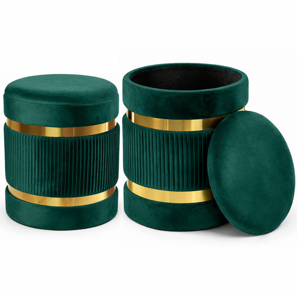 Set 2 Pouf Contenitore Ø 38x44 cm e Ø 31x38 cm con Rivestimento Velluto Verde online