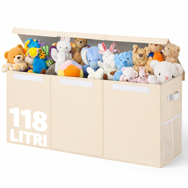 sconto Box Contenitore per Giocattoli 91,5x32x40,5 cm Pieghevole 3 Scomparti 118L in TNT Beige