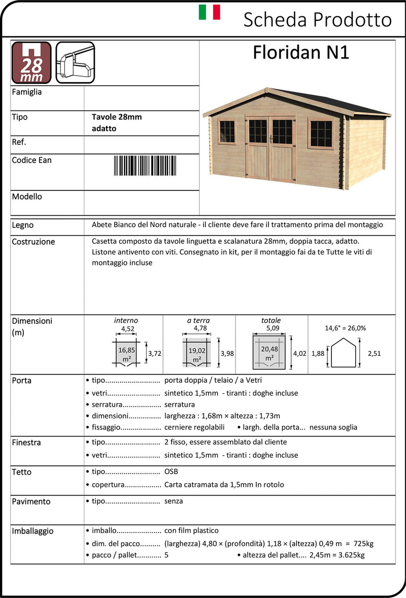 Casetta Box da Giardino per Attrezzi 4,78x3,98m Senza Pavimento in Legno Abete 28mm Floridan N1
