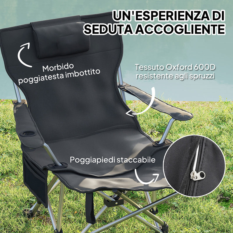 Sedia da Campeggio Pieghevole e Reclinabile con Accessori Nero   