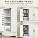 Mobile Dispensa 108x35x180 cm con 4 Armadietti 2 Ripiani Aperti e Piano da Lavoro in Legno e Vetro Bianco      