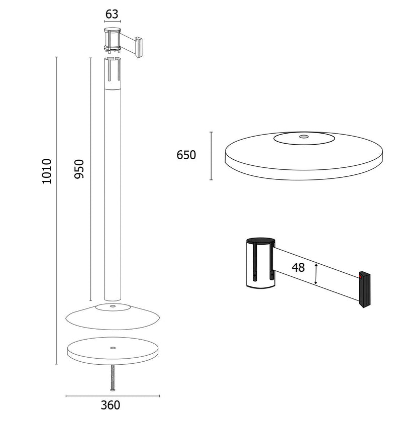 Colonnina Tendinastro 3 metri in Metallo Nero Opaco Ø36x101 cm Nastro Bianco/Rosso