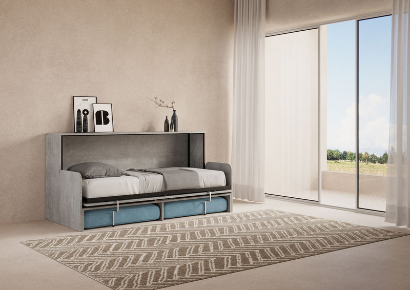 Letto Singolo A Scomparsa Kando Con Divano Con Materasso Cemento e Azzurro      