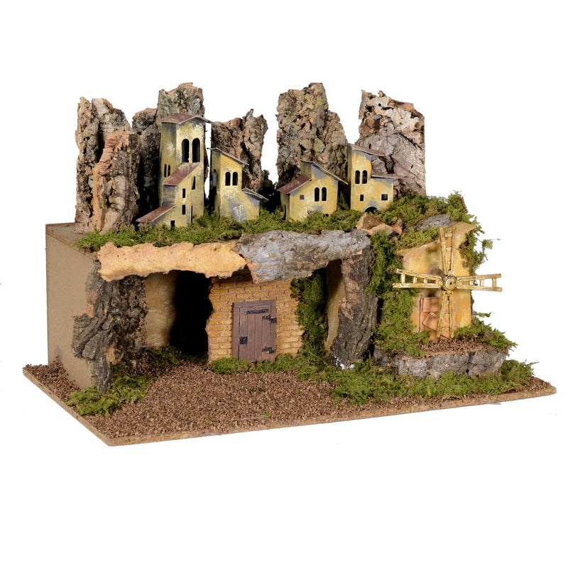 Presepe con Case Luci e Mulino a Vento in Legno 58x39x34cm