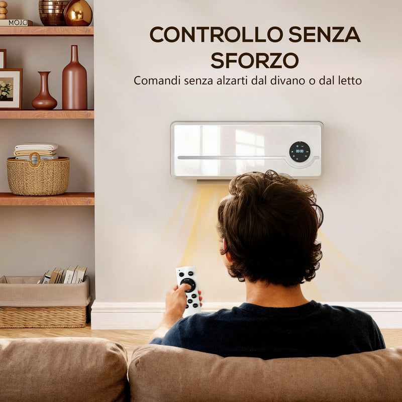 Stufa Elettrica Ceramica 2000W a Parete con 3 Modalità Riscaldamento Regolabile Timer e Telecomando Bianco      