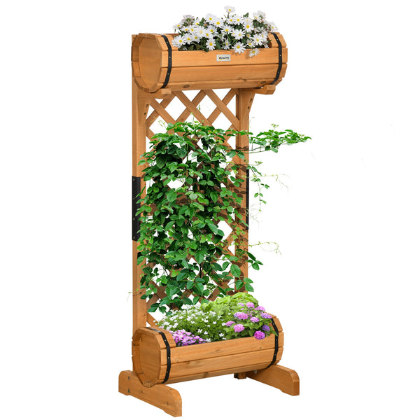 sconto Set 2 Fioriere da Esterno a Mezza Botte 45x35x112 cm con Grigliato per Rampicanti in Legno di Abete Marrone