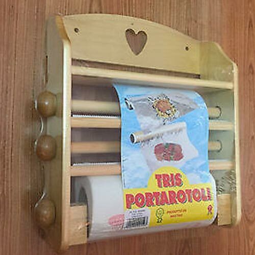 Porta Rotoli Cucina Da Parete Legno Chiaro 3 Posti Intaglio Cuore + Rotolo Carta prezzo