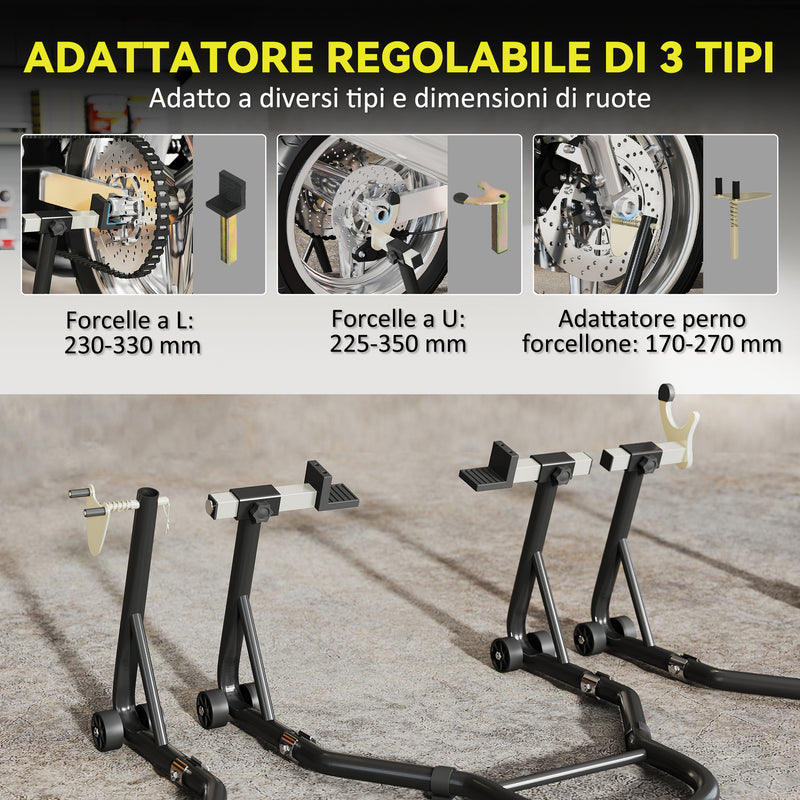 Set 2 Cavalletti Alzamoto Regolabili a Triangolo con Rotelle e Forcelle a U e L in Acciaio Nero   
