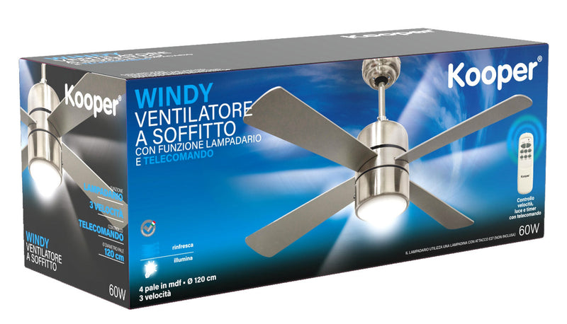 Ventilatore da Soffitto 4 Pale e Lampada Ø120 cm 3 Velocità Kooper Silver