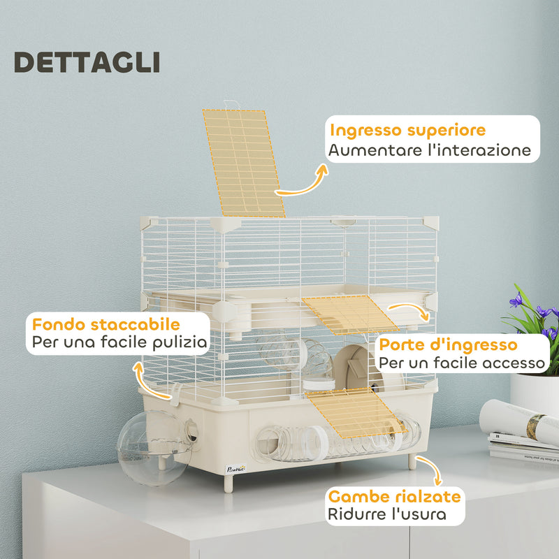 Gabbia per Criceti a 2 Livelli 44,5x28x44 cm 3 Porte Ruota e Tubi in Acciaio e PP Crema e Bianco  