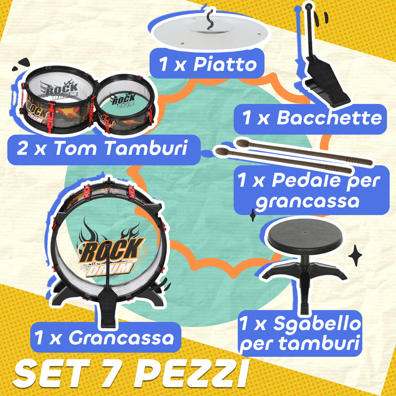 Batteria Giocattolo per Bambini con Sgabello Gioco Musicale in Plastica e Acciaio Inox Nero      