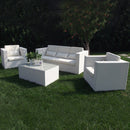 Set Salotto da Giardino Divano 2 Poltrone e Tavolino con Cuscini in Wicker Bianco