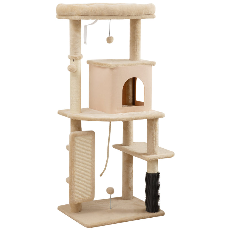 Albero per Gatti Multilivello Alto 132 cm con Casetta Lettino Pali Tiragraffi Spazzola e Pallina Beige      