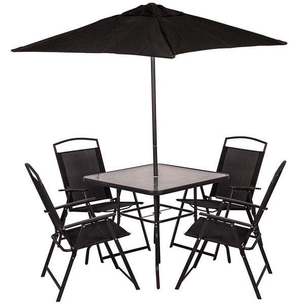 Set da Pranzo 6 Pezzi per Giardino Patio Tavolo Piano in Vetro con Ombrellone e 4 Sedie Pieghevoli Nero sconto