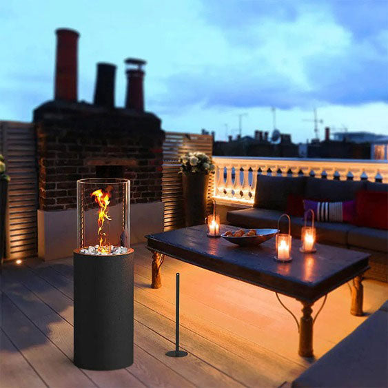 Camino a Bioetanolo da Pavimento Ø26,5x80 cm TALOS per Interni ed Esterni in Vetro e Acciaio Nero Opaco