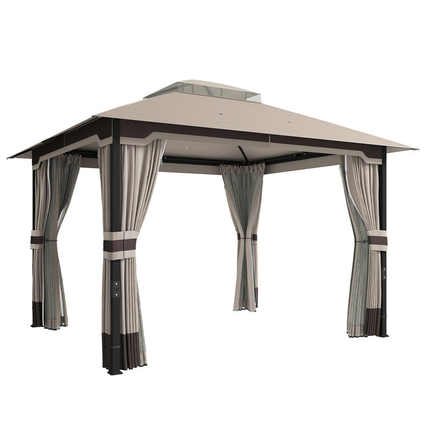 acquista Gazebo da Giardino 360x300x279 cm con Zanzariera Tende e Tetto Doppio Strato in Poliestere Cachi