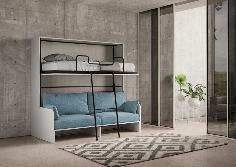 Letto Doppio A Scomparsa Kando Con Divano Bianco Frassino e Azzurro      