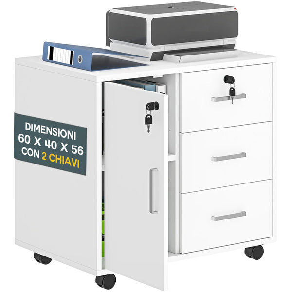 acquista Cassettiera Mobile Ufficio Porta Stampante Salvaspazio 60x40x56 cm con Ruote Rivestimento in Melamina Bianco