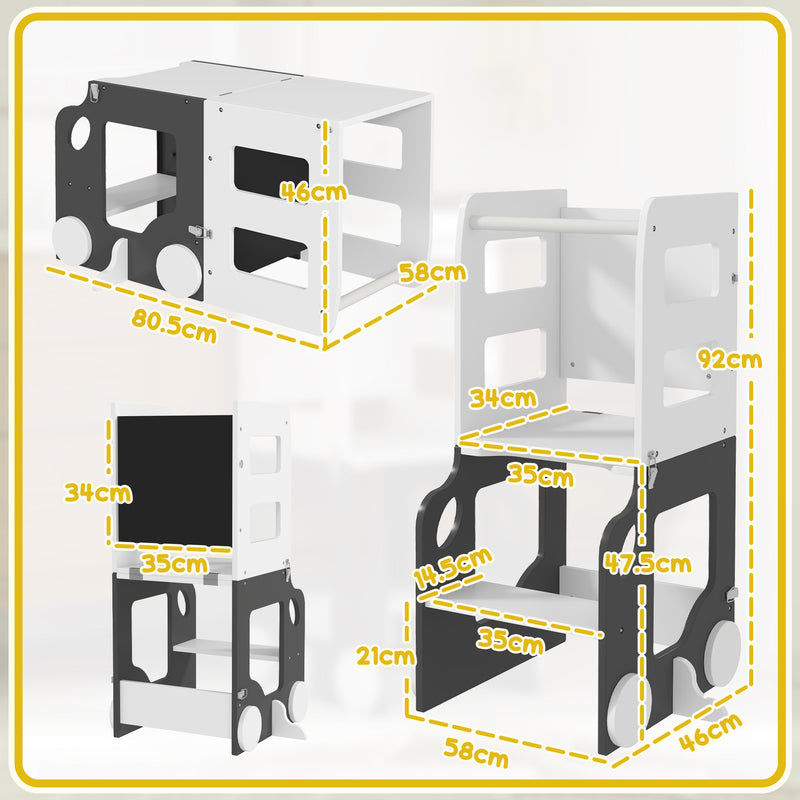 Scala Montessori 4 in 1 con Lavagna e Set Tavolo Sedie Legno Bianco 58x46x92cm      
